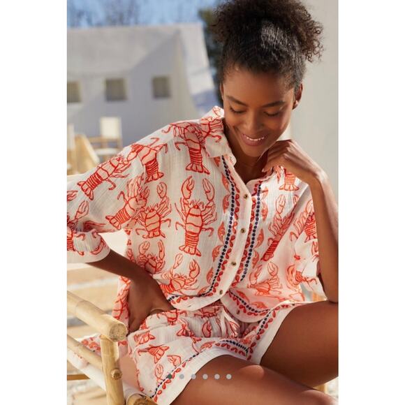 Anthropologie Lobster Print The Essentials Oversized Shirt Orange Size Small - Picture 2 of 11